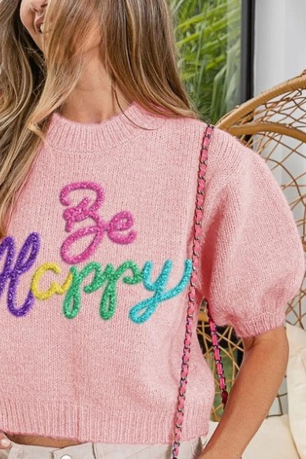 BiBi Metallic Letter Short Puff Sleeve Hairy Sweater - Bela Fils BoutiqueBela Fils Boutique